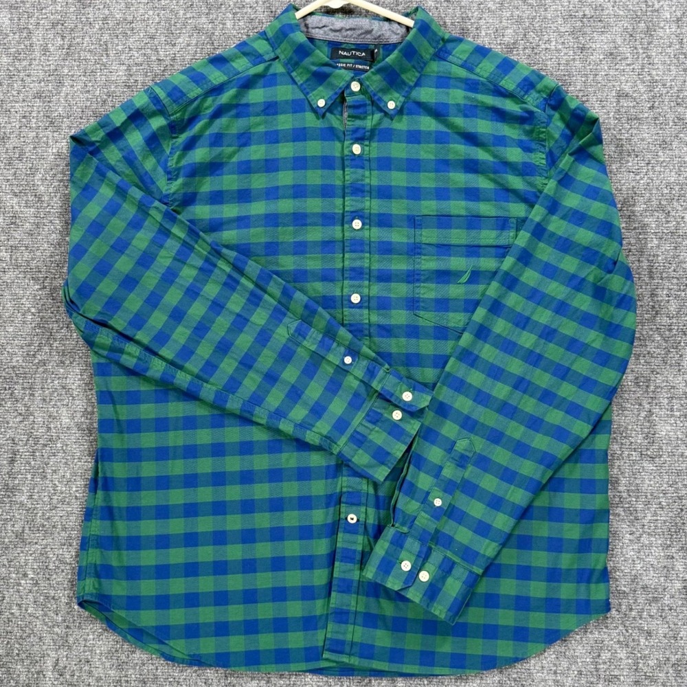Nautica Classic Fit Stretch Shirt Men's XXL Green Blue Plaid Cotton Button Down